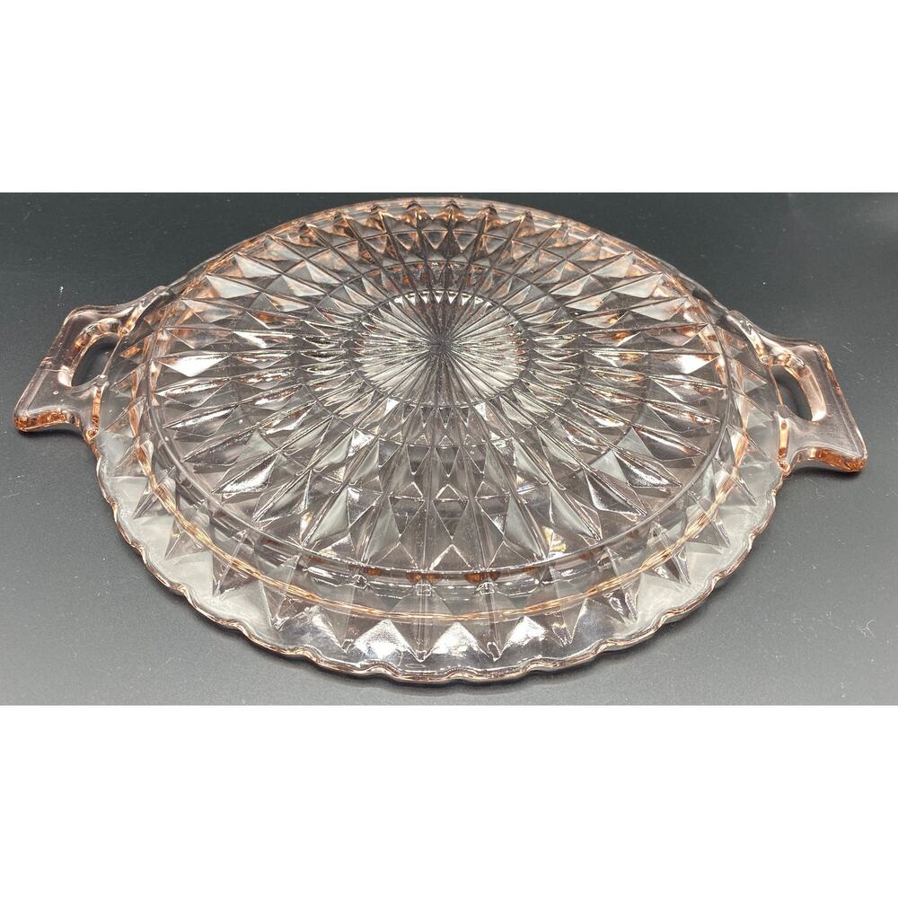 VTG Windsor Depression Diamond 10” Pink Handle Platter Cake Jeanette Glass MCM - Picture 4 of 5